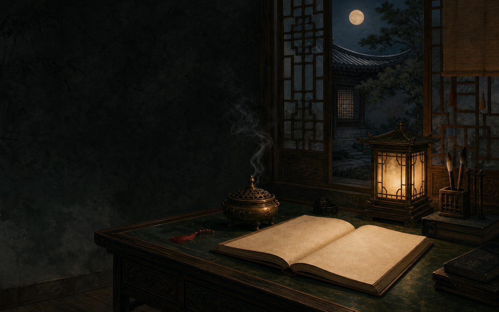 夜色书院中的案台与宫灯